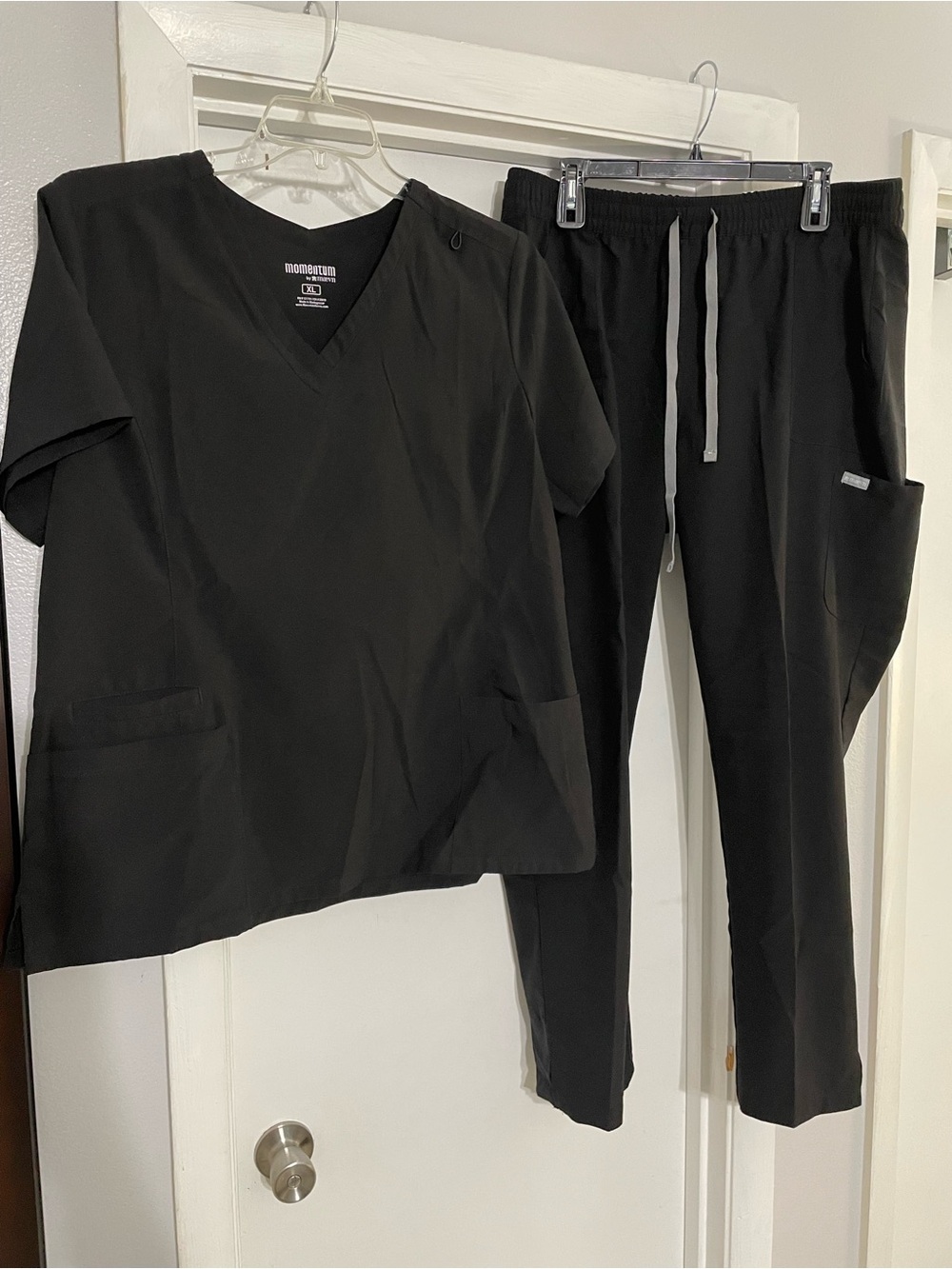 XL Momentum by Maevn Women’s Black Scrub Set - V-Neck Top & Drawstring Pants